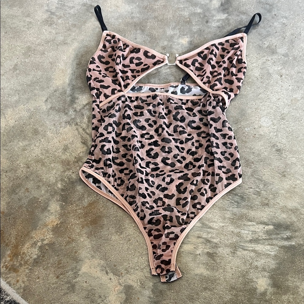 Fashion Nova tan and black Leopard-Print Bodysuit with Black Straps